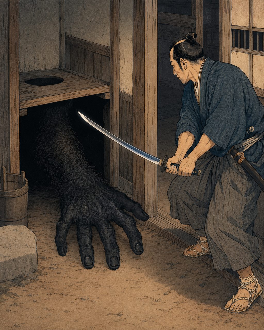 The Kurote that appeared in a privy in Noto's Toita Village. A supernatural occurrence recorded in the Edo period essay "Shijiu-yuroku," where a hairy hand reached out from the darkness of the privy to stroke a person, and after being chopped off by the resident, disguised itself as monks to take the hand back.