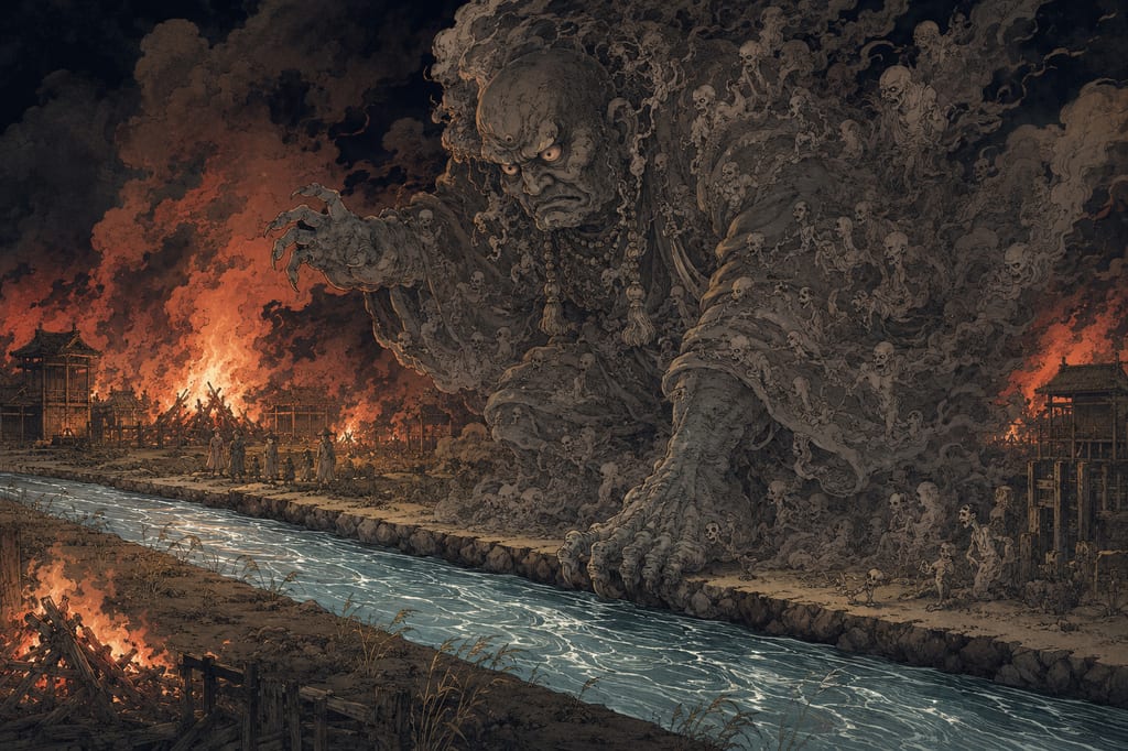 Sanmai-taro, an amalgamation of crematory spirits. A giant nyudo (monk-like apparition) said to appear when a thousand corpses are burned at the cremation grounds of Noto and Etchu. A symbol of the Hokuriku region's view on life and death, where flowing water trenches are dug around crematories to prevent the dead from encroaching on the realm of the living.