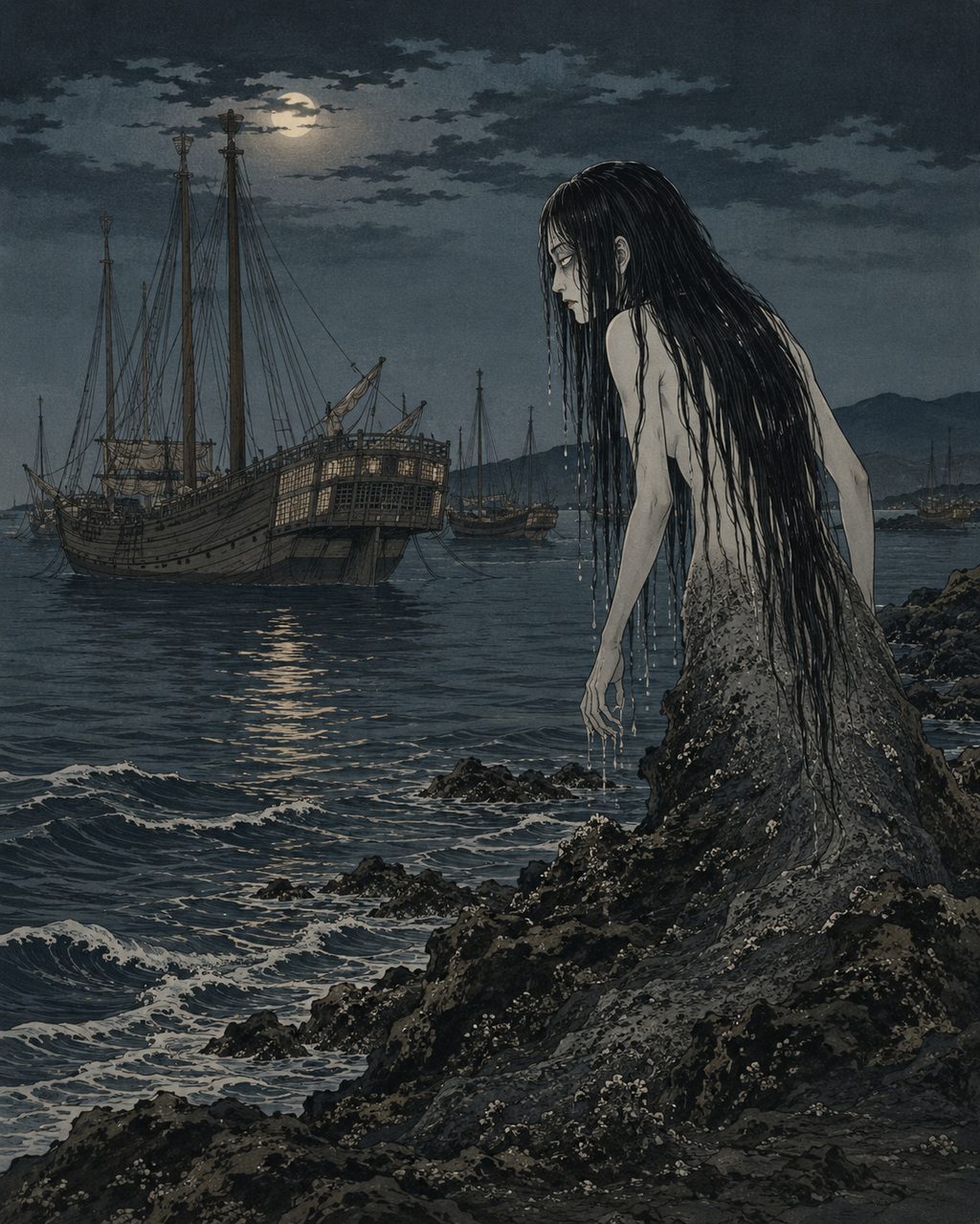 Iso-onna lurking in a port of the Kitamaebune. Passed down by sailors alongside the terrors of their voyages at ports of call like Kaga Hashidate, which was known as the wealthiest village in Japan, she is an apparition of the sea who beckons people with her long hair from the rocky shores marking the boundary between sea and land.