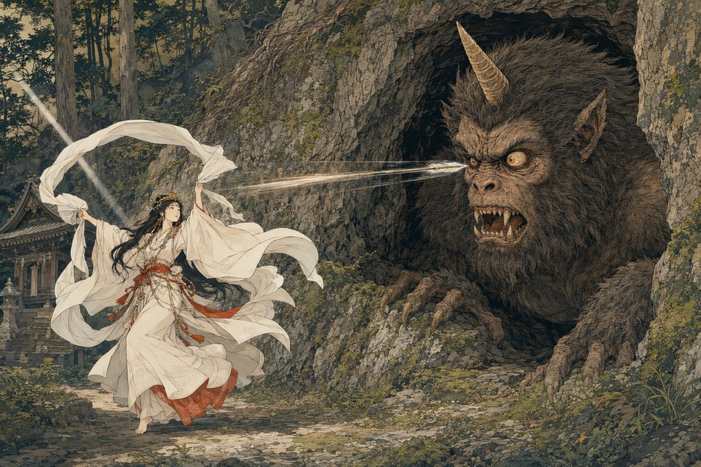Saru-oni inhabiting a rocky cave in Noto. A subjugation tale of local mythology where the one-horned demon passed down at Yanagida's Iwaido Shrine was shot by Keta Daimyojin's arrow while mesmerized by Kamisugihime's dance. This illustrates how monkey-god subjugation legends from various regions became intertwined with the origins of Noto's place names.