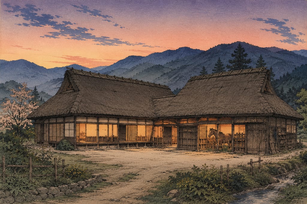 The "Nambu magariya," a traditional house in Tono. The main house and the stable are connected in an L-shape, creating a living space where people and horses live under one roof, which fostered the legends of Oshirasama and Zashiki-warashi.