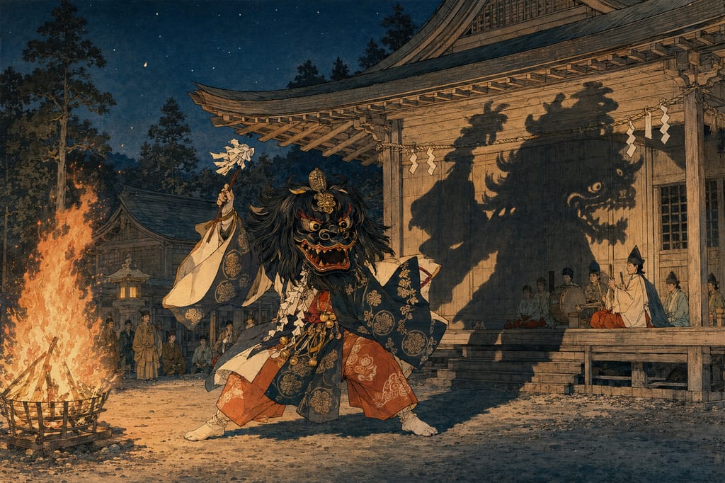 Hayachine Kagura, originating from the Shugendo practices of Mount Hayachine. It is a powerful dance of mountain worship where performers wear lion heads called "Gongen-sama" to ward off evil spirits and pray for peace.