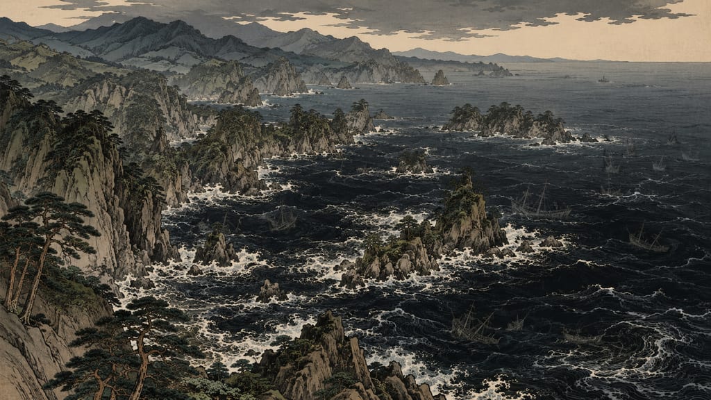 The intricately indented ria coast of Sanriku. This dark sea, which is a rich fishing ground but has also been struck by giant tsunamis multiple times, strongly retains memories of maritime disasters such as funayurei (boat ghosts) and mojabune (phantom ships of the dead).