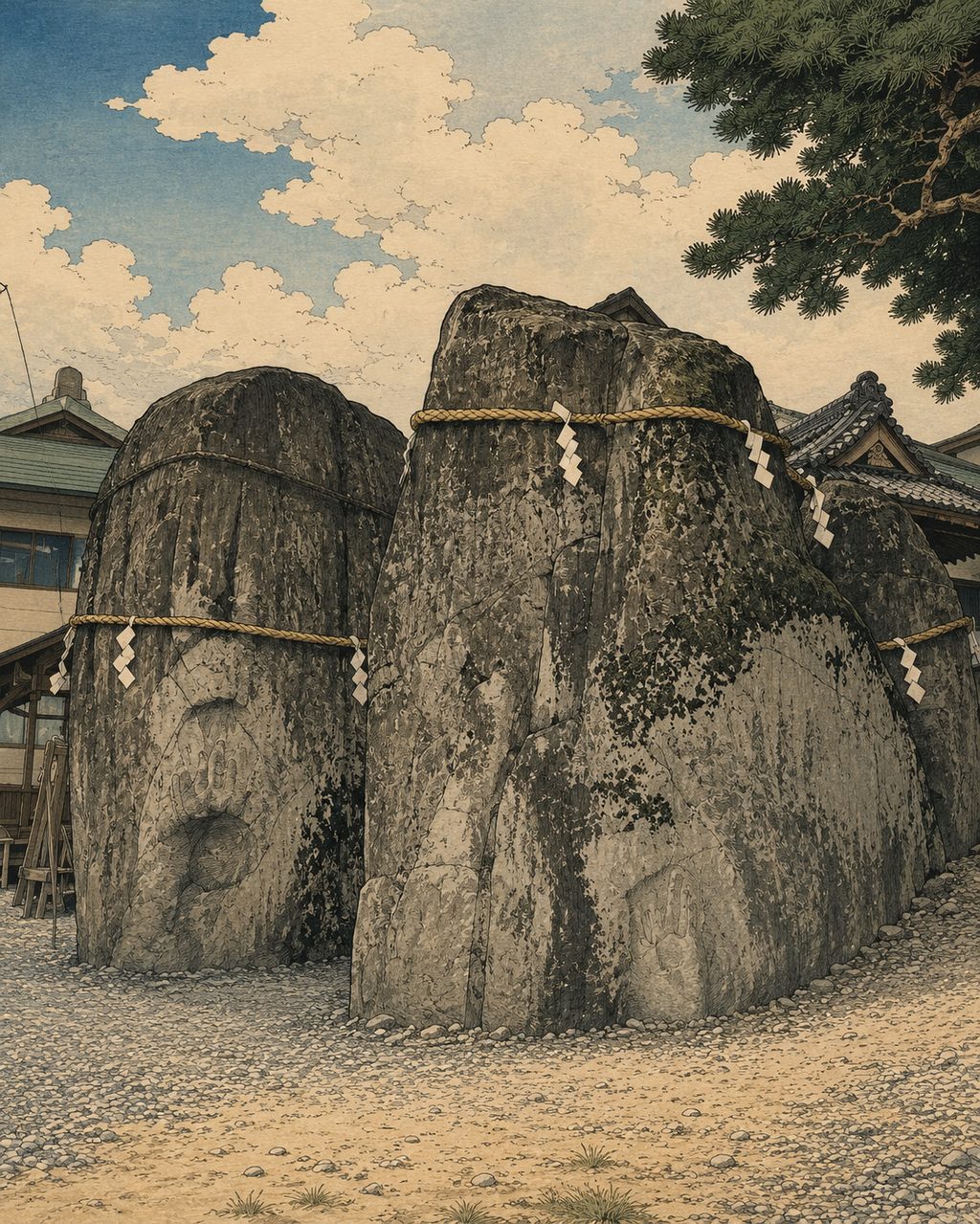 The giant rocks of Mitsuishi Shrine in Morioka. Legend has it that a demon pressed its handprint here as proof it would never return, which became the origin of the prefecture name "Iwate," the place name "Kozukata," and the Sansa Odori dance.