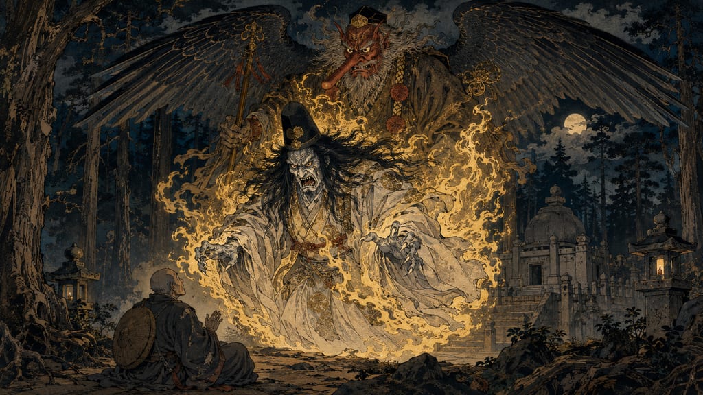 Emperor Sutoku and Sagamibo appearing before Saigyo at the Shiramine Mausoleum. Ueda Akinari's "Shiramine" in *Ugetsu Monogatari* depicts the great vengeful spirit revealing his true nature as the lord of the demon realm after a poetic exchange with Saigyo, representing the pinnacle of vengeful spirit tales in literature.