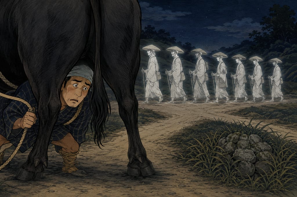 The Shichinin Dogyo passing through a crossroads. The Kagawa name for the collective dead spirits known as "Shichinin Misaki" in the Shikoku and Chugoku regions; since looking directly at them results in possession, folk tales speak of narrowly escaping disaster by peeking through the legs of a cow.