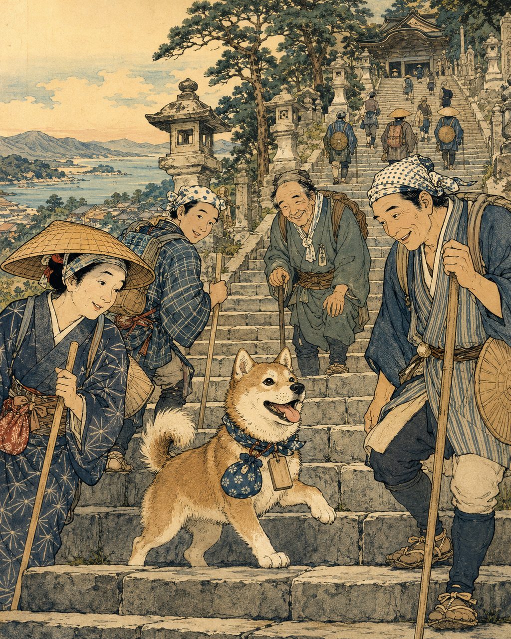 A "Konpira Dog" climbing the long stone steps. During the Konpira Pilgrimage of the Edo period, which became popular second only to the Ise Pilgrimage, dogs serving as proxies for their owners carried offering fees and wooden tags, aiming for the sea god's shrine while being cared for by fellow travelers on the road.