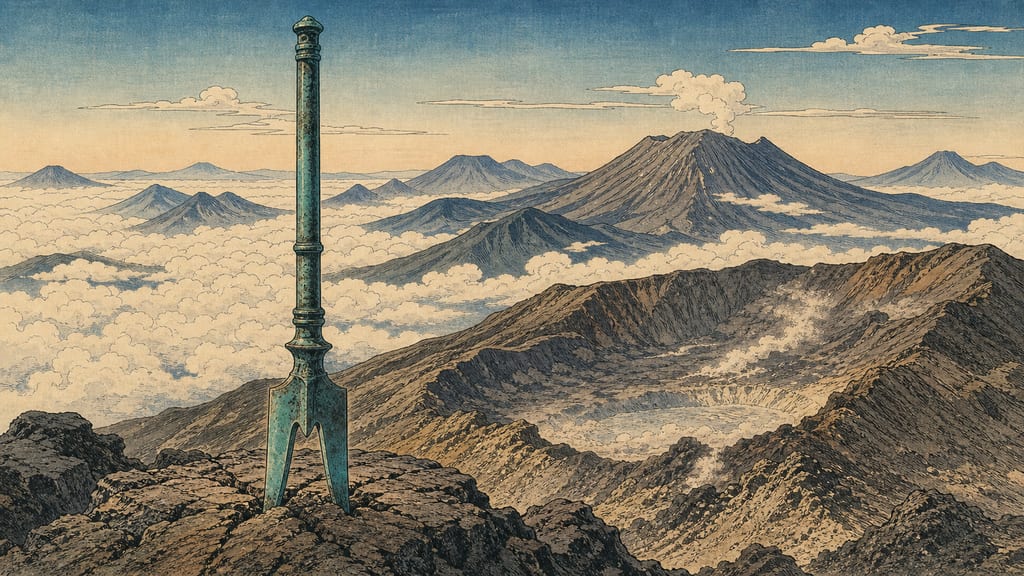The Ama-no-Sakahoko piercing Mount Takachiho in the Kirishima mountain range. The memory of the Tenson Korin, conveyed by the Kojiki and Nihon Shoki, tied into the overwhelming power of the fire-breathing volcano, engraving a deep mythological sanctity into Kagoshima.