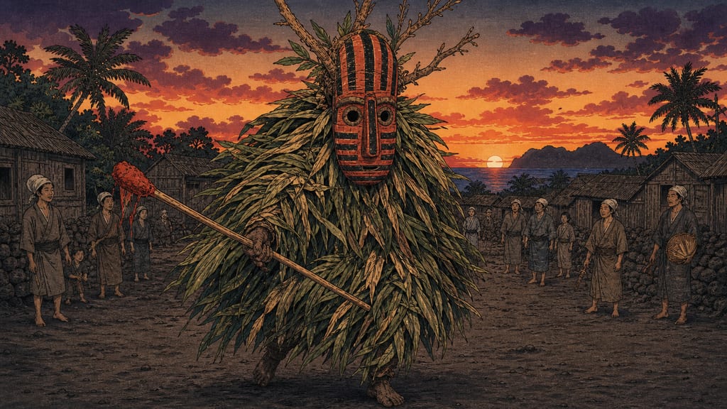 The visiting deity Boze of Akusekijima. It appears on the evening of the sixteenth day of the seventh lunar month, clad in an otherworldly mask of red clay and soot, wrapped in Chinese fan palm leaves, to purify defilements. This is the figure of a southern island spirit visiting from across the sea.