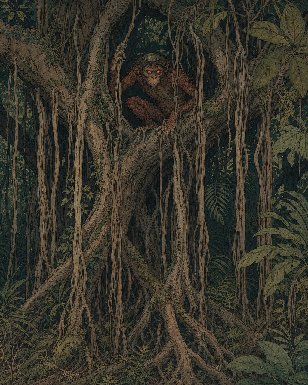 A Kenmun hiding in a giant banyan tree in Amami. While sharing the same lineage as the waterside kappa (Garappa) of the mainland, in the subtropical forests, it takes on the characteristics of a tree spirit.