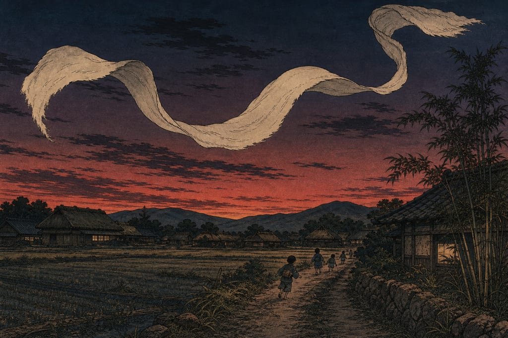An Ittan-momen flying through the darkening sky of Osumi. This cloth monster recorded by Nomura Denshi was a yokai rooted in local life, used to warn children playing until dusk.