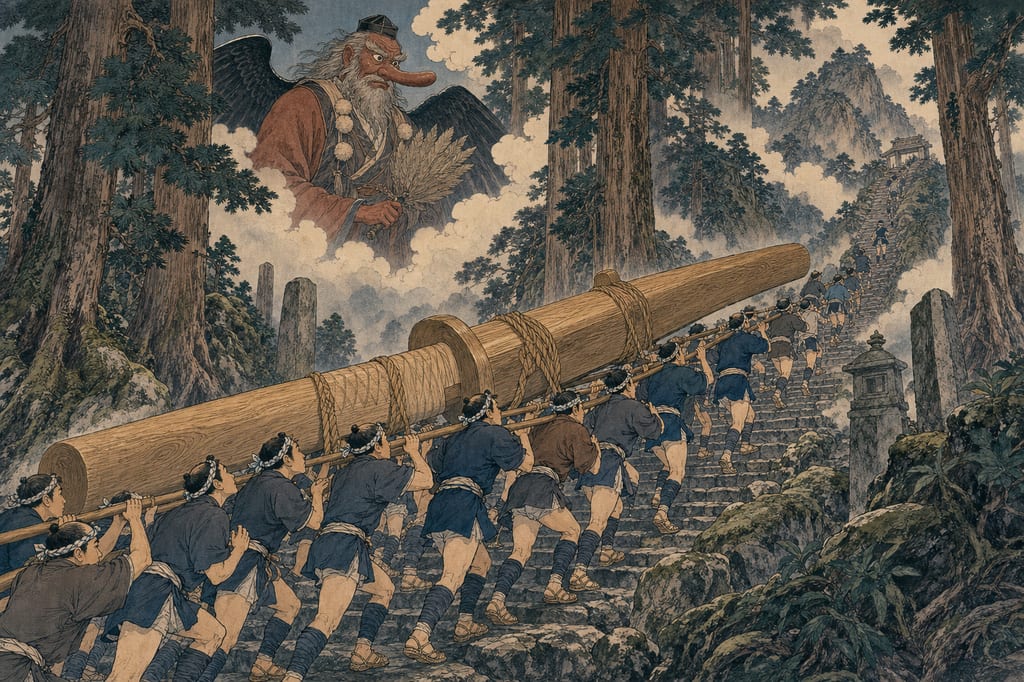 Edo-period craftsmen climbing Mount Oyama carrying massive wooden swords (kidachi), with Oyama Hokibo gazing down from the clouds. The "Oyama-mairi" pilgrimage, bustling enough to be documented in the *Shinpen Sagami no Kuni Fudokiko*, transformed the tengu's mountain into a destination for commoners' faith and recreation.