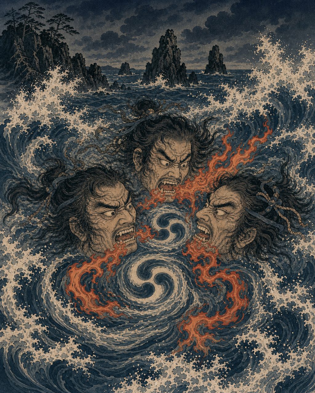 The three severed heads of the Maikubi gruesomely devouring each other in the sea of Manazuru. This tale of vengeful spirits, passed down in the *Ehon Hyaku Monogatari*, represents the ultimate manifestation of samurai malice, continuing their dispute even after being decapitated.