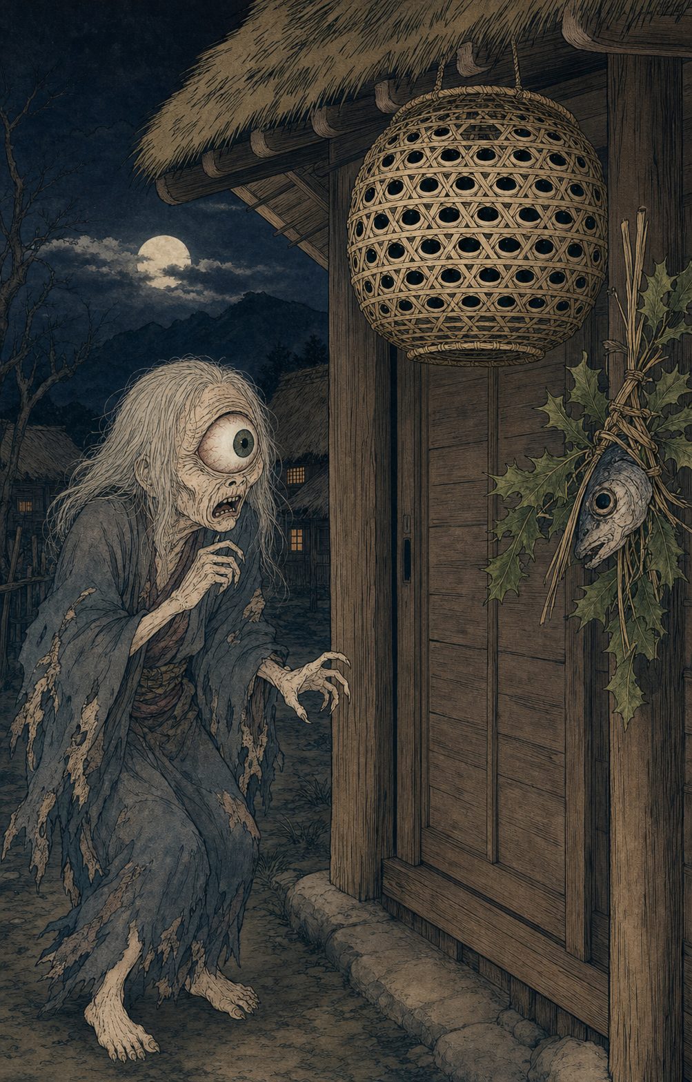 The Mikari-Baba attempting to peek into a house on the night of Kotoyoka. The one-eyed old woman is frightened off by woven baskets (mekago) and sardine heads on holly branches (hiiragi-iwashi) placed at the eaves. In Sagami's villages, yokai dictated the community's periods of avoidance and the rhythms of the calendar.