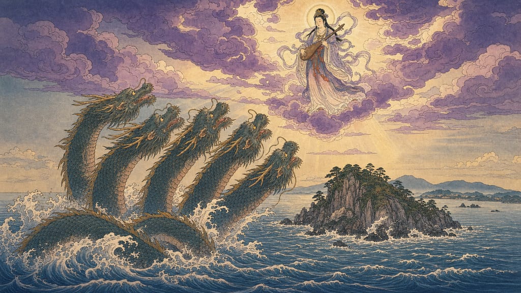 Enoshima and the Five-Headed Dragon emerging from Sagami Bay. According to the *Enoshima Engi*, this tyrannical dragon god repented out of love for a celestial maiden (Benzaiten), transforming into a benevolent guardian of the land.