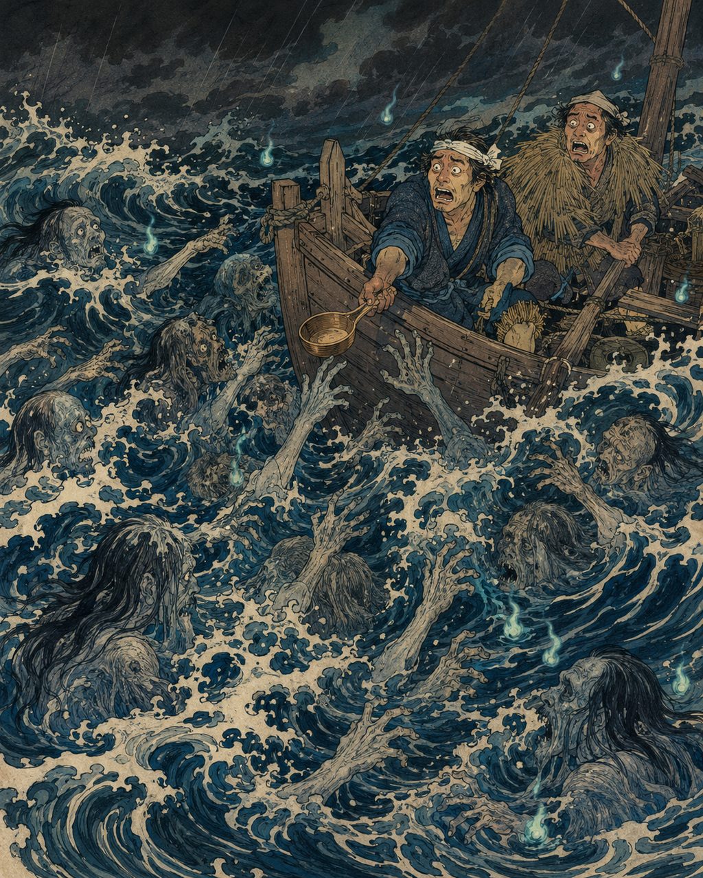 A funayurei begging for a dipper in a raging sea. Depicted in the *Ehon Hyakumonogatari*, this sea monster embodied the profound dread of shipwrecked dead felt by the fishermen of Tosa, who lived their lives alongside the violent waves of the Kuroshio current.