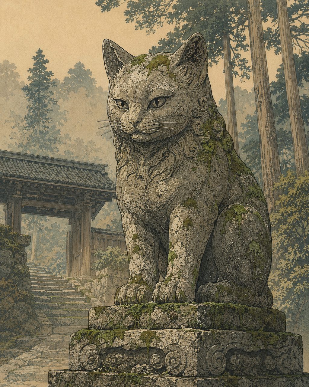 The koma-neko (guardian cat) at Shozen-in, the "Cat Temple," standing in the mountains of Hitoyoshi and Kuma. It was built in the early Edo period to appease the grudge of the chief priest's mother and her beloved cat, who were killed on false charges.