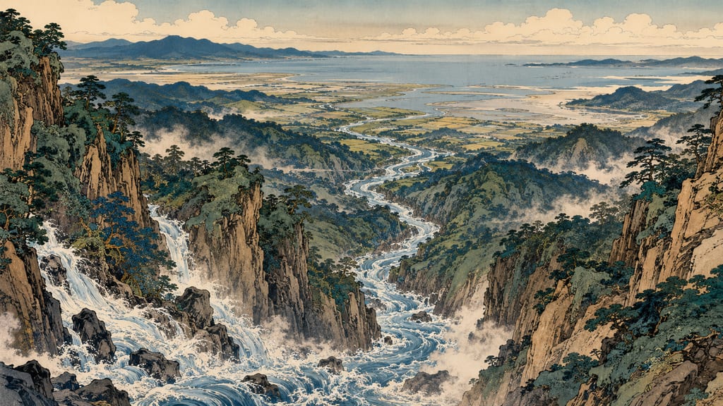 日本三大急流のひとつ球磨川と、その下流に広がる八代海。大陸からの船が出入りした河口は、海を渡ってくる異形を呼び込む地形でもあった。