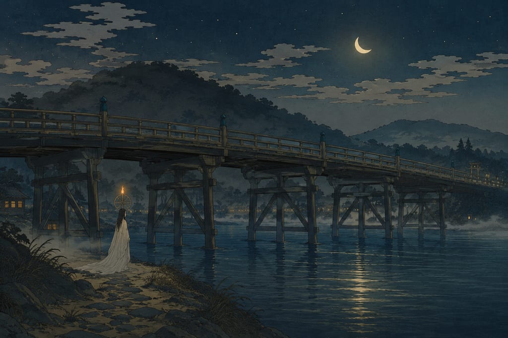 The tale of Hashihime of Uji Bridge became established as a story of jealousy turning into a demon, through seclusion at Kifune and water austerities in the Uji River.