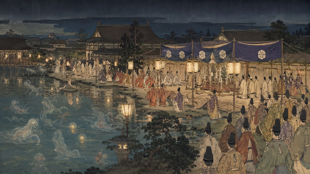 The Goryo-e ritual at Shinsen-en is spoken of as Kyoto's urban ceremony to enshrine and pacify vengeful spirits.