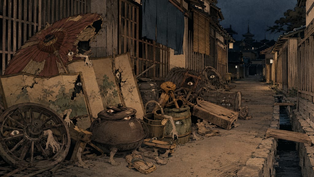 In Muromachi-period Kyoto, the imagination of tsukumogami—old tools harboring souls—grew intertwining with the city's material culture.