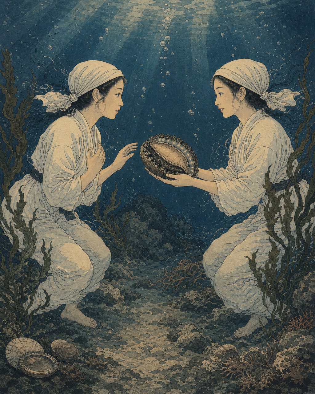 At the bottom of the Shima sea, a Tomokadzuki appears as a spitting image of the diver, offering an abalone. For the ama divers, who daily traverse the boundary between life and death, the bounty the sea gives and the lives it takes have always been side by side.