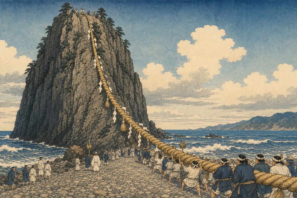 The Otsunakake ritual at Hananoiwaya Shrine, towering over the Kumano shore. Much like this massive rock, considered the tomb of Izanami-no-mikoto, myths in Mie do not reside in the sky; they breathe today as concrete prayers upon the earth.