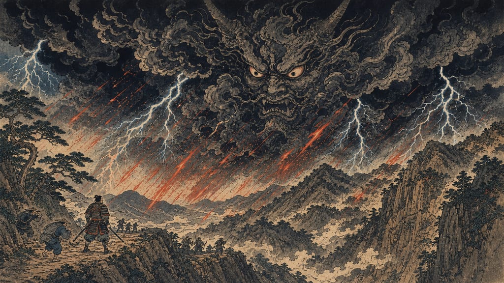 Suzuka Pass, the provincial border dividing Ise and Omi. Otakemaru conjures black clouds, raining down thunder and fire. The treacherous boundary passes separating the capital from the eastern provinces functioned as stages that gave birth to legends of great demon gods.