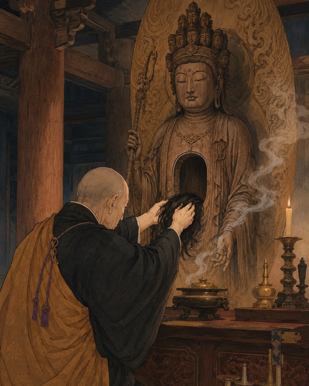 The hair of the Makijo enshrined in Kannon. According to the origin story of the Mount Maki Kannon Hall in Ishinomaki, the hair of the Makijo—wife of the chieftain of the demon clan slain by Tamuramaro—was placed inside the Kannon statue and worshipped. A uniquely northeastern form of faith, where the land remembers the pain of the conquered and inverts it into an object of prayer.