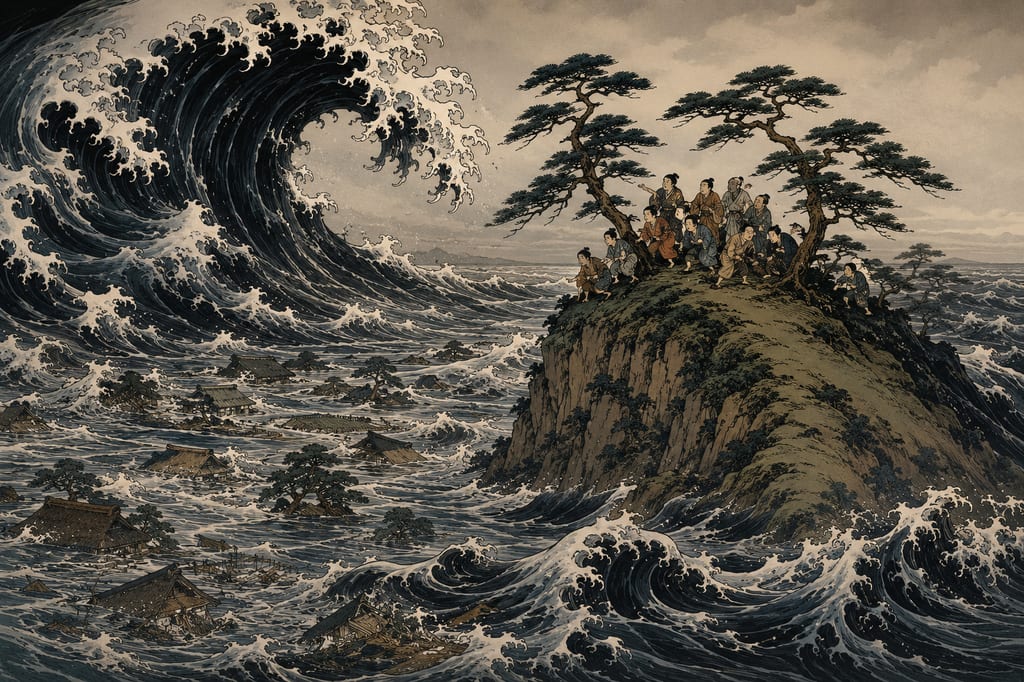 The approaching tsunami and Sue-no-Matsuyama. The memory of Sanriku, where the sea has swallowed the land time and time again, such as during the Great Mutsu Earthquake in the eleventh year of Jogan (869). The small hill of the poetic motif sung as "the waves shall not cross," continues to pass down the memory of disaster prevention across a millennium as the actual limit line reached by the tsunami.