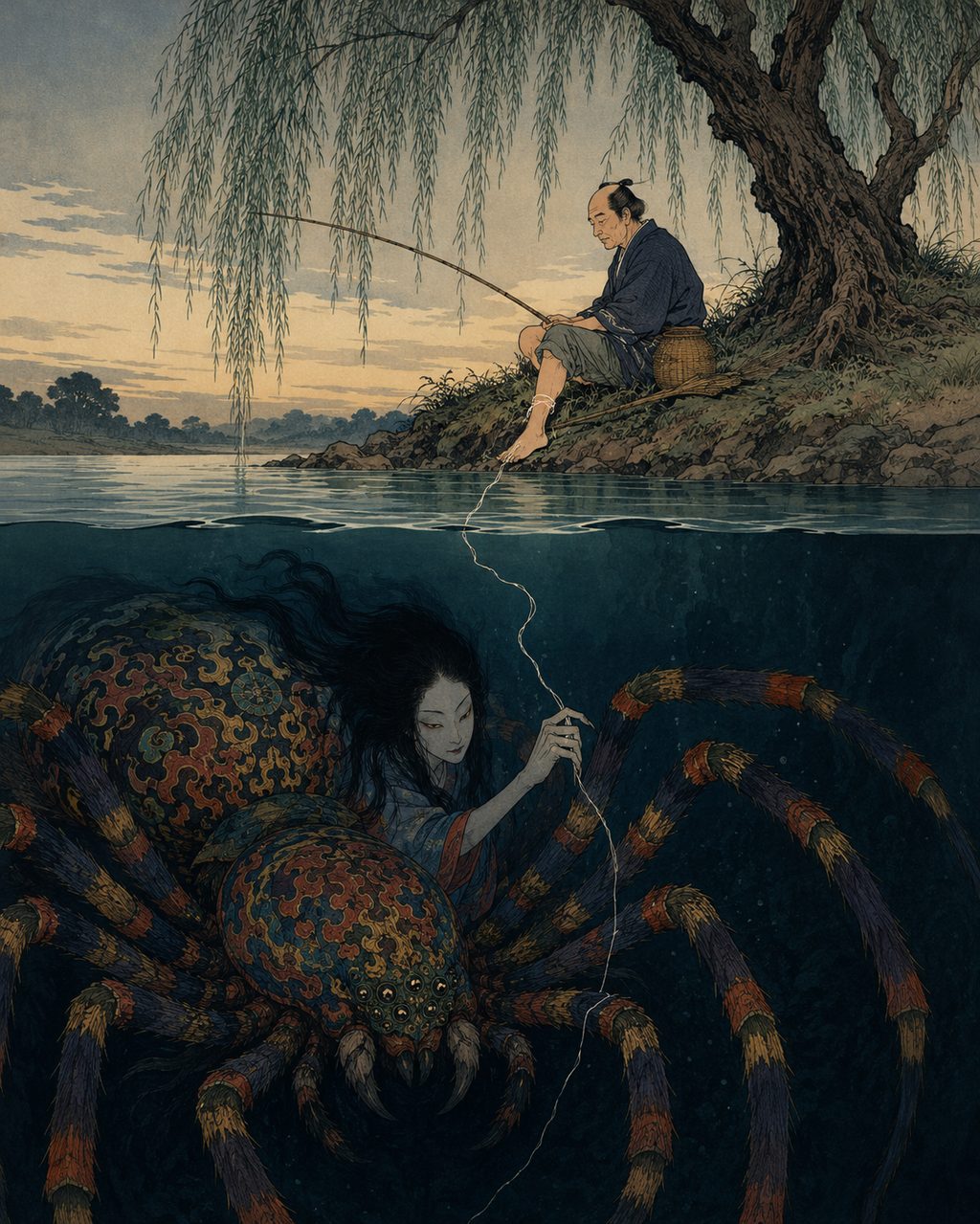 The Jorogumo lurking in Kashikobuchi. Among the legends of the Jorogumo pools remaining across the country, such as those in *Tonoi Gusa*, Kashikobuchi on the Hirose River is particularly famous. The spider yokai that tried to drag a fisherman into the water by casting a thread on his leg was tricked by the man's quick wits into dragging in a willow proxy instead, whispering "Clever" as it did. Later, this terrifying monster came to be enshrined as "Myoho Kumo no Rei," a deity protecting against water accidents.