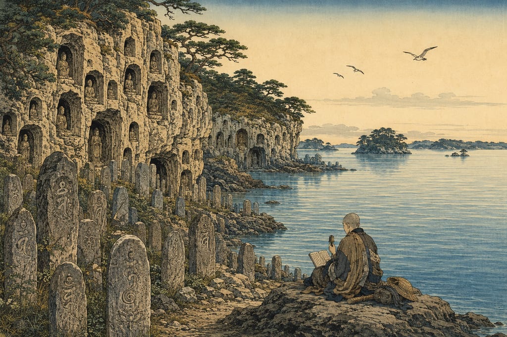 Matsushima's Oshima, the Pure Land where the dead gather. In medieval times, it was a site for mourning the dead, known as the "Koya of Oshu." On the cliff face where 108 caves were carved and countless stone stupas (itabi) were erected, the monk Kenbutsu Shonin chanted the Lotus Sutra endlessly. Facing the rippling sea, this is the primordial landscape of Matsushima, crystallized by prayers for rebirth in paradise.