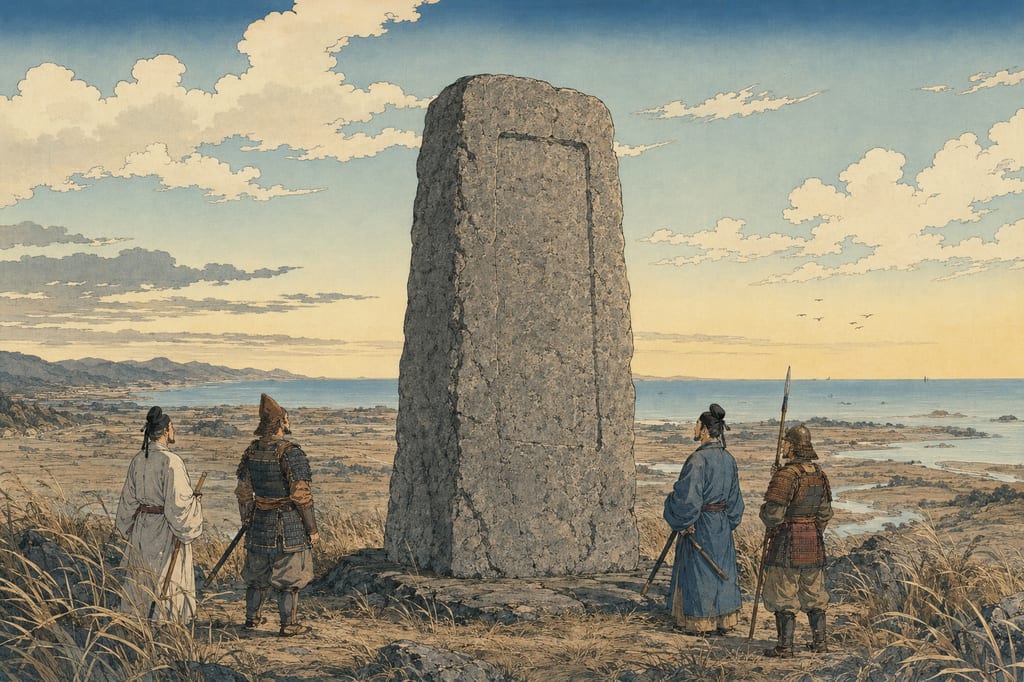 The Taga Castle Monument standing in the wilderness of Mutsu Province. Located in front of Taga Castle, the provincial capital of Mutsu founded in the first year of Jinki (724), it serves as a symbol of the wedge driven into the frontier by the ancient state. Later widely known as the poetic motif "Tsubo-no-Ishi" (The Stone Monument of Tsubo), it conveys the tension of the boundary known as the Northeast, as seen from the capital.