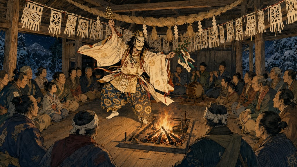 Takachiho Yokagura. Every winter, the tutelary deities are welcomed into private homes, and thirty-three dances are dedicated throughout the night. This Shinto ritual is an apparatus for re-enacting the Heavenly Rock Cave myth and other stories through masks and dances. In Miyazaki, myths are not simply tales of the past, but continue to live and be updated as the memory of the land through being "performed" anew each winter.