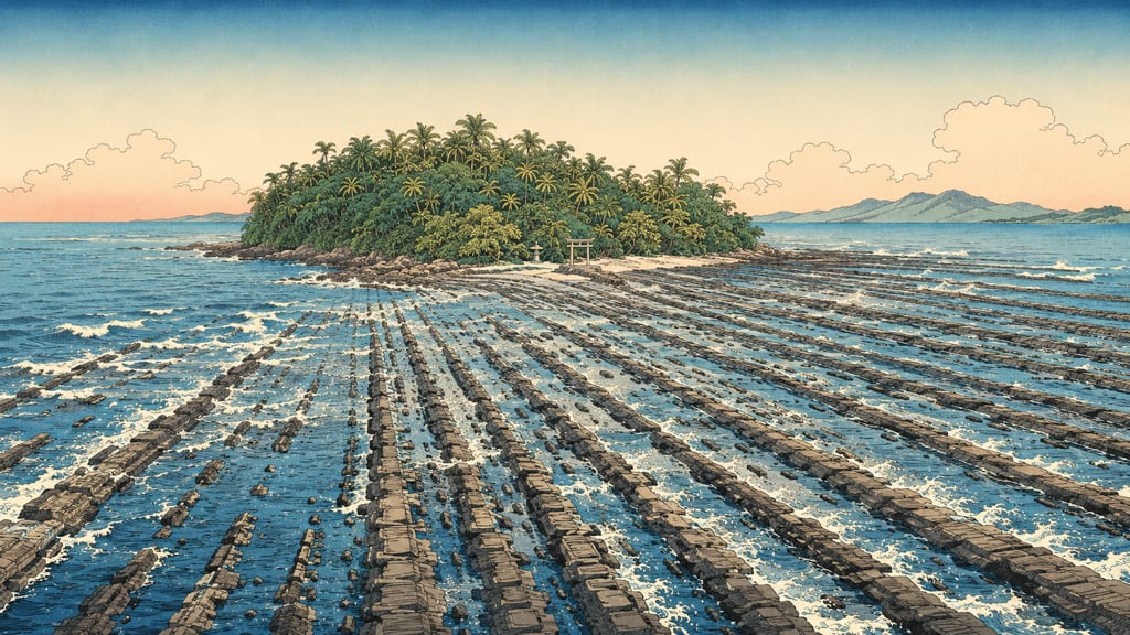 Aoshima and the "Demon's Washboard." Around this small island, said to be the place where Yamasachihiko returned from the sea god's palace, alternating layers of mudstone and sandstone carved by the waves spread out drawing geometric patterns. It is a seascape unique to Miyazaki, where the grand stage of mythology directly overlaps with a natural monument created by tens of millions of years of geology.