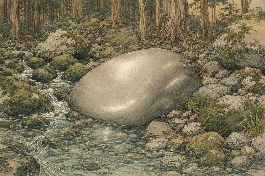 The "Hyosubo Rock" of the Shiiya River. It is said that a kappa (hyosunbo) who promised the villagers, "I will not take a human life until this rock rots away," stroked the rock countless times to check its safety, making it smooth. In the shadow of the colossal national myth of the heavenly descent, such modest tales of negotiation with water gods breathe in the watersides of the villages.