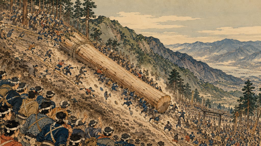 The Onbashira Festival, which conveys the ancient layers of Suwa to the present day. Pulling giant trees from the mountains, sliding them down steep slopes, and erecting them at the shrines—it is the manifestation of a fierce tree worship.