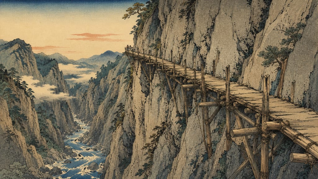 Kiso no Kakehashi, a perilous point on the Nakasendo trail. This narrow path built along a sheer cliff was a precarious boundary separating the human realm from the domain of mountain beasts and yokai.