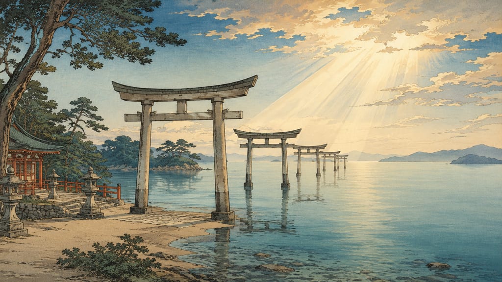 The torii gates of Watatsumi Shrine in Tsushima, standing in the sea. At high tide, the bases of this majestic shrine submerge underwater; it is passed down as the ancient site of the Dragon Palace where Hikohohodemi-no-Mikoto (Yamasachihiko) united with Toyotama-hime. The torii gates standing on the boundary between sea and land continually enact the awe and bounty of the otherworld from beyond the sea, right before our eyes, with the ebb and flow of the tide.