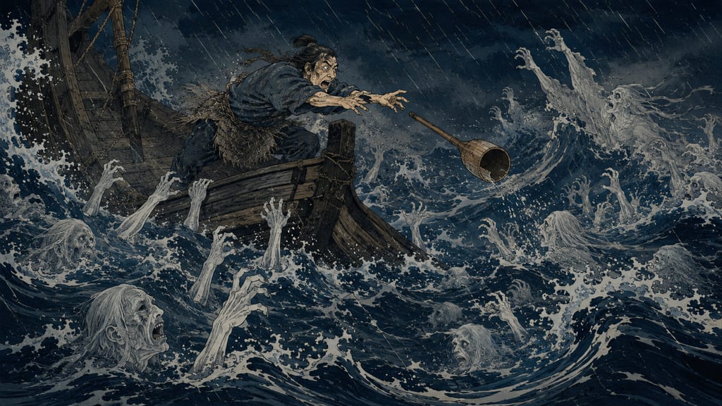 Funayurei swarming a stormy sea. The Funayurei that appear in the western seas are an aggregate of the spirits of those drowned in shipwrecks, said to cling to the sides of boats and demand, "Give me a ladle." Fishermen had a custom of knocking the bottoms out of bowls or ladles before handing them over to escape danger. These modest rituals, devised by those who lived on the ocean, were acts of self-defense against the unreasonable violence of the sea.