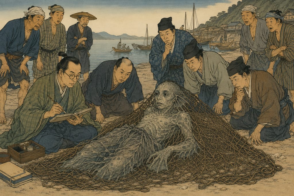 The "Kaijin" (Sea Person) recorded by early modern naturalists. During the Edo period, Nagasaki was Japan's only open window to the outside world, and unknown oddities also arrived at this port. The marine creature "Kaijin," documented in works like the *Yamato Honzo*, is less a yokai and more a trace of the awe toward foreign lands and the pursuit of knowledge, inscribed at the intersection where the otherworld beyond the sea met early modern natural history.