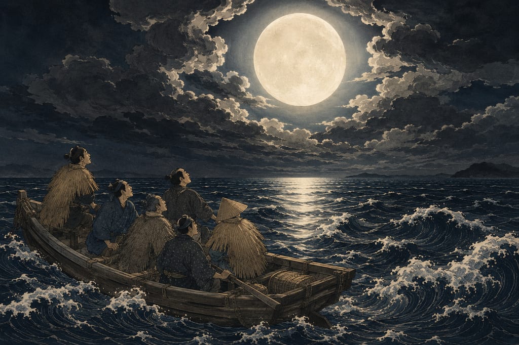 The moon illuminating the night sea and a seafaring vessel. Tsukiyomi Shrine in Iki is regarded as the foundational origin of moon worship nationwide. For the islanders who set their boats out onto the night sea, the moon, which controlled the ebb and flow of the tide, was their only light and the clock that divided life and death. The history of the moon god being transmitted to the capital via seafarers narrates this desperate faith in the "calendar of the sea."