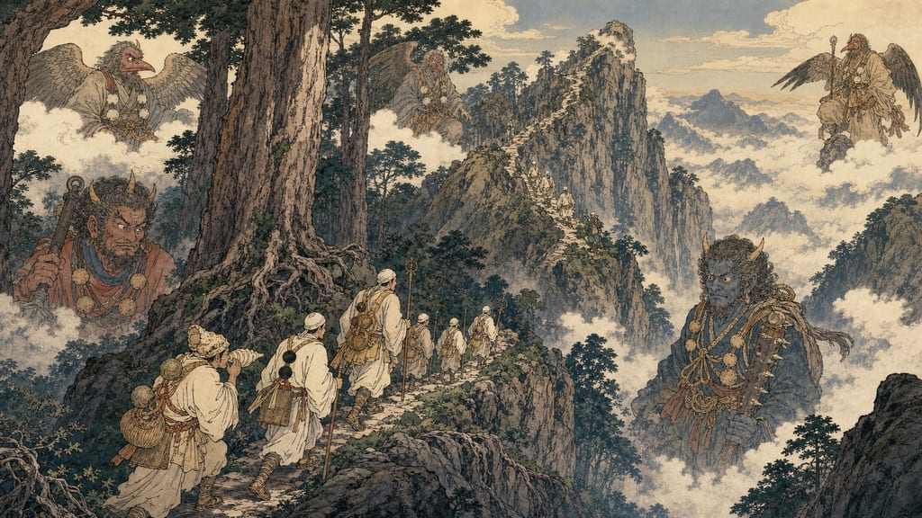 In the mountain ascetic training grounds of Omine and Katsuragi, the alien powers of the mountains are subdued, and oni and tengu transform into protective deities (such as Zenki and Goki) that assist practitioners. The form of prayer in the mountains of Shugendo, connected to the tales of En no Gyoja.