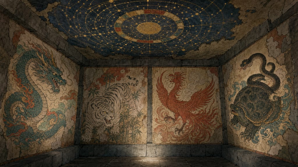 The stone chamber mural of the Kitora Tomb in Asuka Village. The divine beasts guarding the four directions (Seiryu, Byakko, Suzaku, Genbu) and the astronomical chart are sealed in the darkness underground exactly as the ancient view of the universe.