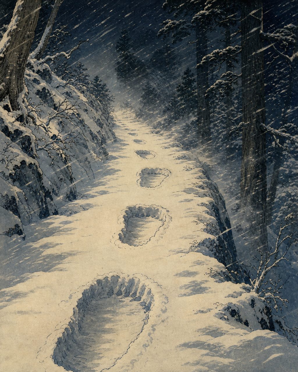 The deep snowy roads of Obagamine and Totsukawa. A landscape of a southern mountain village that memorized the winter taboo of "do not go outside on the Twentieth of the End" in the twelfth lunar month through the anomaly of the footprints of the Ippon-datara.