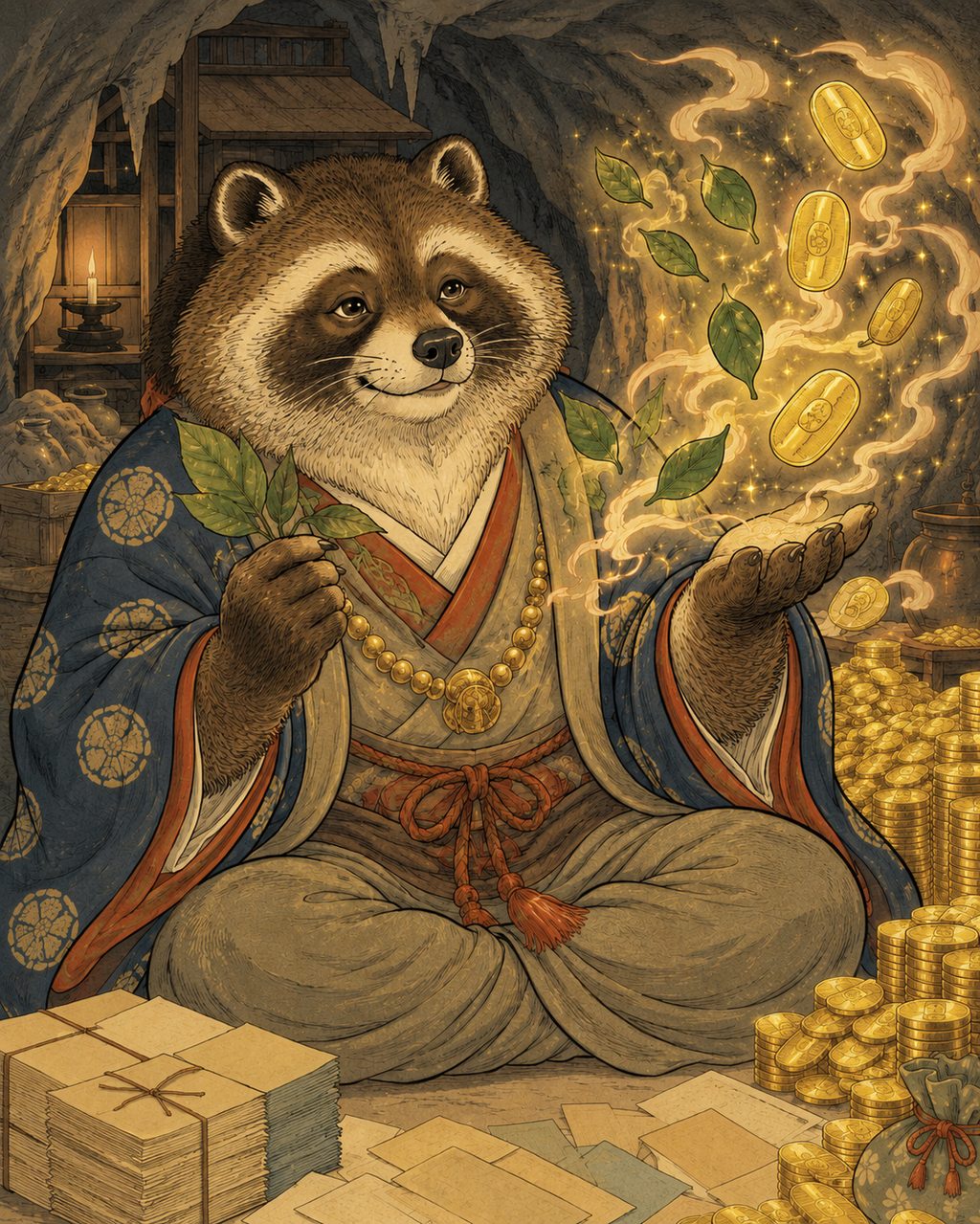 Danzaburo-danuki turning leaves into gold through illusion. Having kept foxes out of Sado, he is the supreme commander of shape-shifting tanuki who rules the island's bewitchments. Tied to the Aikawa gold mine, he is said to have lent money to the destitute, later gathering people's faith as Futatsuiwa Daimyojin.
