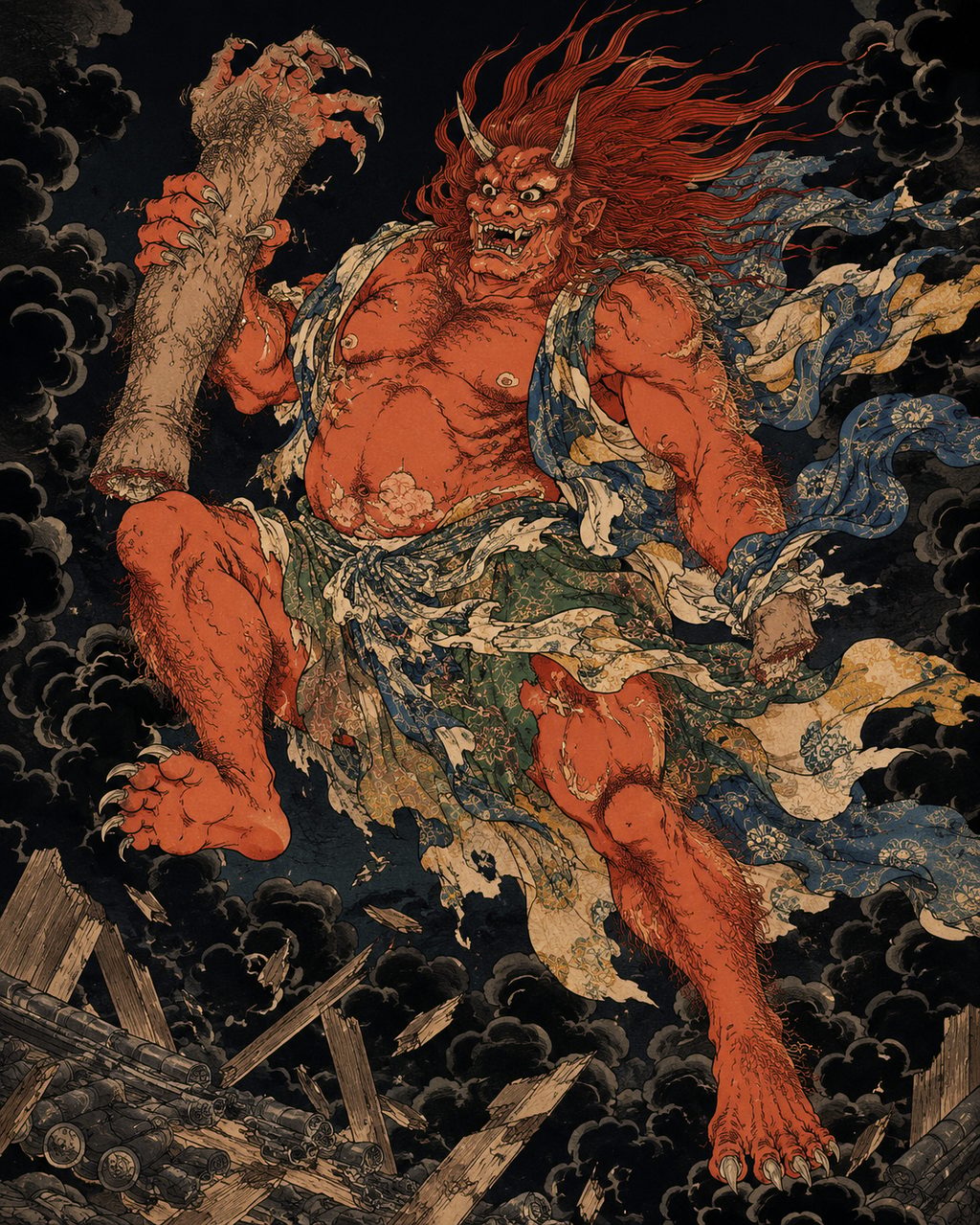 Ibaraki-doji, possessing folklore of an Echigo birth. Said to have been born in Karuizawa, Nagaoka City, and entrusted to Yahiko Shrine, this great demon gained fame through the arm-severing legend with Tsuna Watanabe originating from the "Tsurugi-no-maki" of the Tale of the Heike, and is frequently depicted taking back its severed arm and soaring back into the sky.