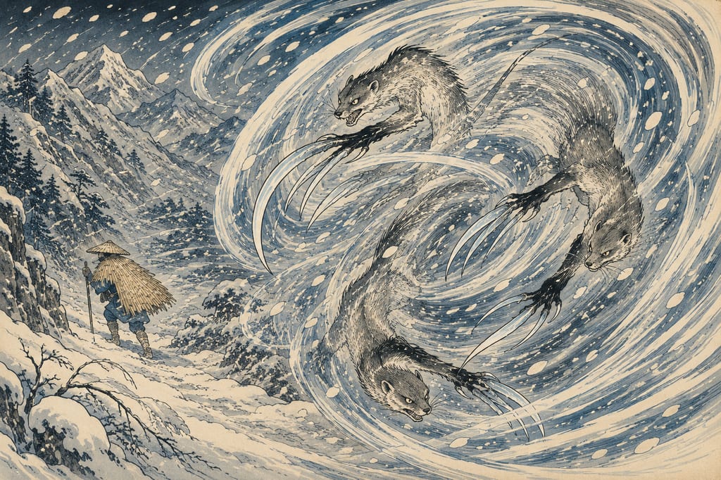 A kamaitachi slicing across the snowy surface. A wind apparition feared in the deep snow regions of Shin'etsu and Hida, it rides whirlwinds to slash human skin with unseen blades. Also depicted by Sekien Toriyama, this monster is the very physical sensation of Echigo's freezing, razor-sharp whirlwinds.