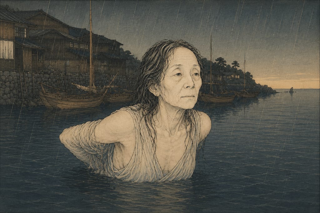 The usuoi-baba floating in the cove of Shukunegi. The *Sado Kaidan Moshiogusa* records this twilight apparition on days of poor fishing: an old woman with white skin appearing on the water's surface with her hands clasped behind her back. A vision of a quiet, harmless "ayakashi" (sea spirit) passed down by the island's seafaring people.