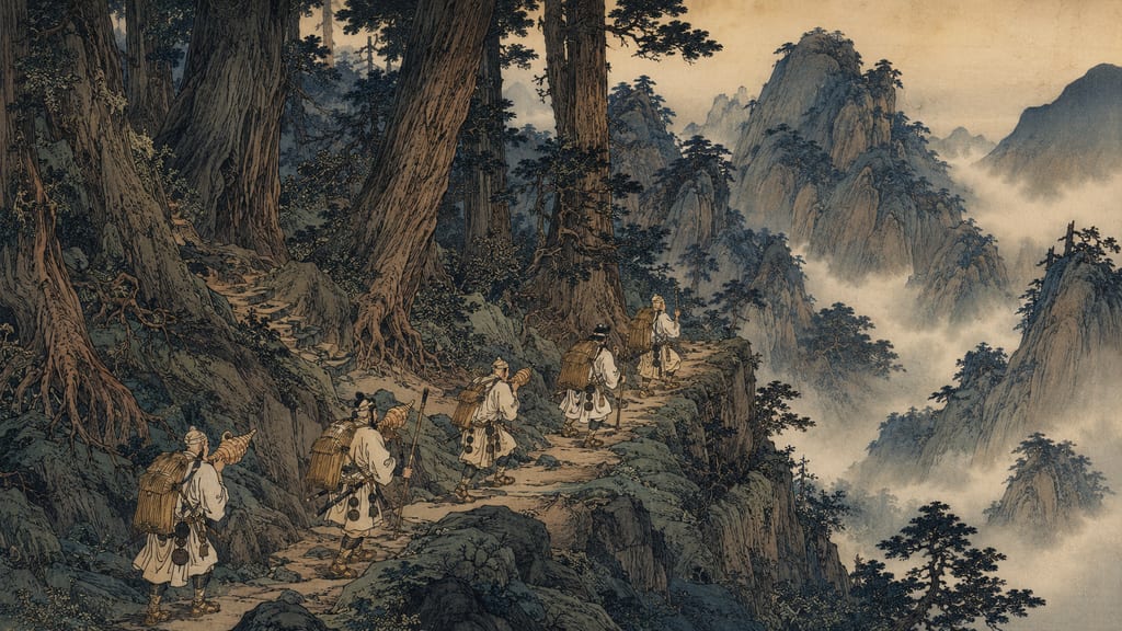 Minamoto no Yorimitsu's party, disguised as mountain ascetics, pushing through the deep and rugged mountain paths of Oeyama. Picture scrolls such as the "Oeyama Ekotoba" depict with a sense of urgency the warriors stepping from the capital into the otherworld.